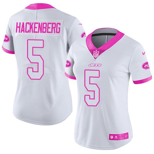 Nike Jets #5 Christian Hackenberg White/Pink Women's Stitched NFL Limited Rush Fashion Jersey